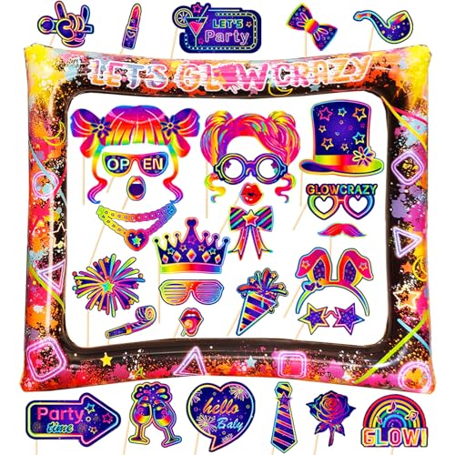 30PCS Neon Photo Booth Props, Glow Inflatable Photo Booth Frame, Funny Selfie Props for Neon Party Accessories Let's Glow in The Dark Birthday Party Wedding Carnival - color: Let's Glow