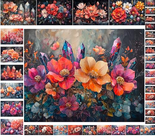 Decoupage Paper Pack (35 Sheets 6"x8") Gemstone Flowers: Radiant Floral Blooms Intertwined with Sparkling Crystals in Vibrant and Lush Dreamlike Arrangements for Enchanting Artistic Wall Art FLONZ - color: Sixteen
