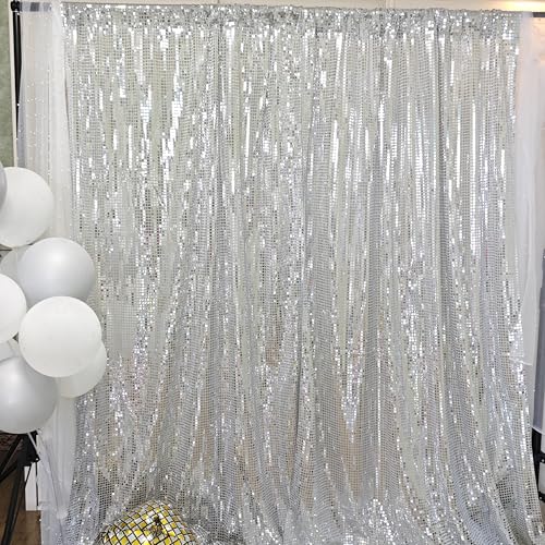 JYFLZQ Silver Sequin Backdrop Curtain for Parties 4.5 x 8 ft 2 Panels 70s 80s Mirror Foil Sequin Background Glitter Sparkly Photography Photo Booth Backdrop for Birthdy, Disco Party Decorations - color: Silver, size: 4.5FT x 8FT (Pack of 2)