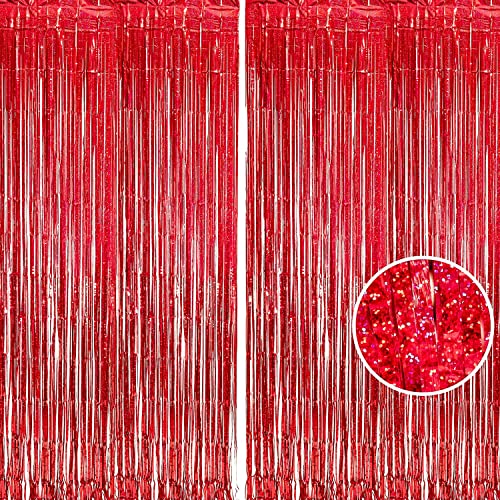 BRAVESHINE Red Tinsel Foil Fringe Curtains - 2Pcs 3.2x8.2ft Holidays Photo Booth Party Backdrop for Valentines/Bachelorette/Anniversary/Engagement/Christmas/Girl/Birthday/Bridal/New Years Decorations - color: Red