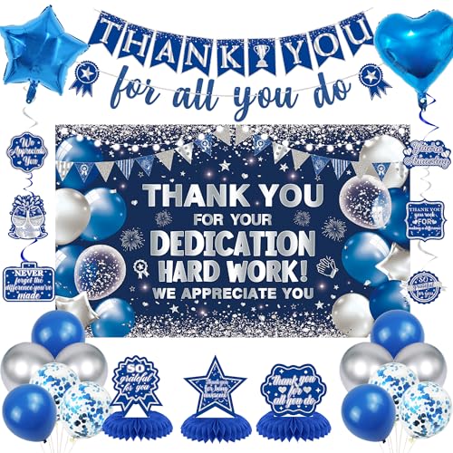 Vlipoeasn We Appreciate You Banner Decorations, Blue Silver Thank You for All You Do Backdrop Banner Honeycomb Centerpieces, Retirement Office Decor Staff Teachers Professors Doctor Nurses - style: Bue Silver