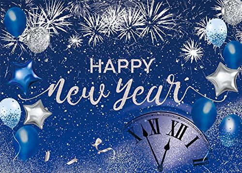 Blue Happy New Year Backdrop 2026 New Year Eve Party Photography Background Fireworks Navy Blue Silver Glitter Sequin New Years Party Decor Supplies Banner Gift Ideas Favor (9x6FT: 108x72 inch) - size: 9x6FT: 108x72 inch