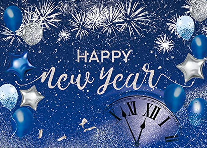 Blue Happy New Year Backdrop 2026 New Year Eve Party Photography Background Fireworks Navy Blue Silver Glitter Sequin New Years Party Decor Supplies Banner Gift Ideas Favor (9x6FT: 108x72 inch) - size: 9x6FT: 108x72 inch