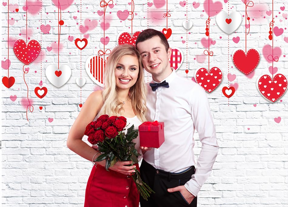 7x5ft Valentine's Day Backdrop White Brick Wall Red Hearts Photography Background for Mother's Day Wedding Bridal Shower Birthday Party Decor Banner Portrait Photo Booth Props 088 - size: 7x5ft