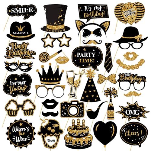 38Pcs Funny Photo Booth Props with Sticks - Selfie Pose Signs for Birthday, Valentine's Day, Men Women Party Decorations - style: Party Birthday-Gold