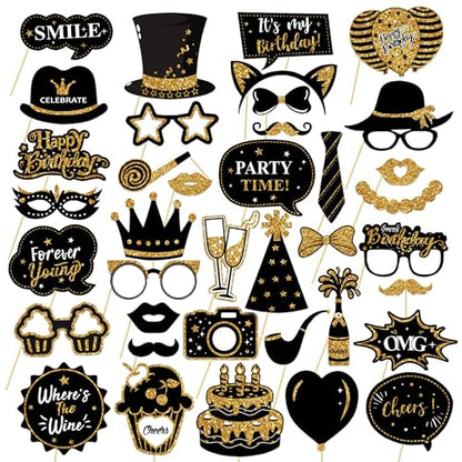 38Pcs Funny Photo Booth Props with Sticks - Selfie Pose Signs for Birthday, Valentine's Day, Men Women Party Decorations - style: Party Birthday-Gold