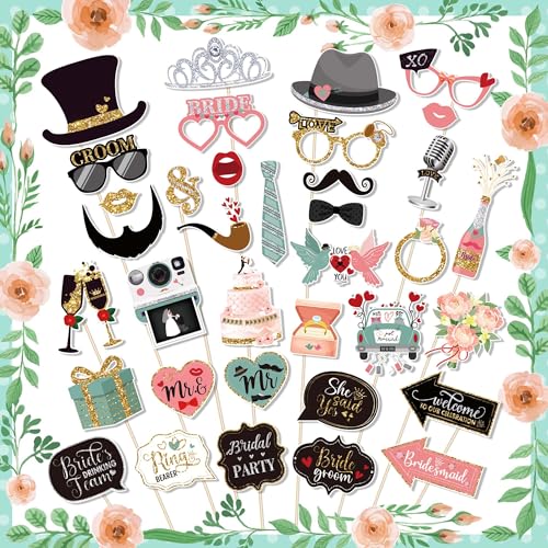 36 PCS Wedding Photo Booth Props Party Supplies Selfie SignsHoliday Picture Decorations Photo Booth Props for Weeding Party Favors Pose Sign Kit Fun for Party
