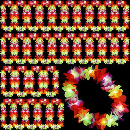 Sherr 24 Pcs LED Leis Light Up Wedding Hawaiian Leis Flower Necklace with LED Lights Beach Tropical Carnival Party Wedding Supplies Luau for Masquerade - color: Multicolour