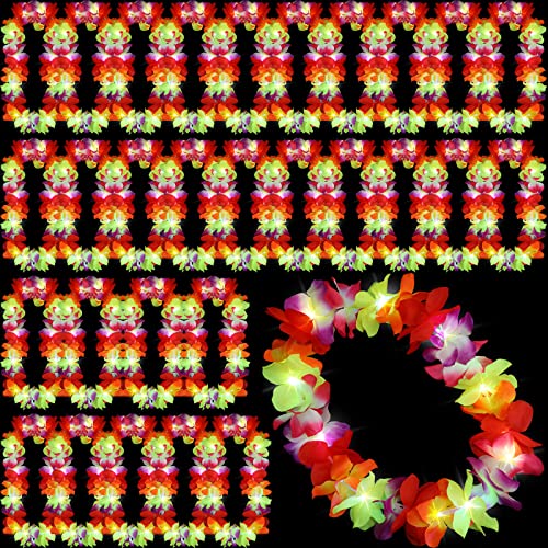 Sherr 24 Pcs LED Leis Light Up Wedding Hawaiian Leis Flower Necklace with LED Lights Beach Tropical Carnival Party Wedding Supplies Luau for Masquerade - color: Multicolour