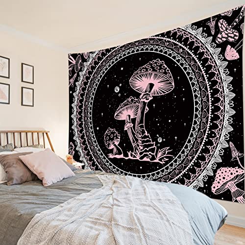 SCECALA Pink Mushroom Tapestry Boho Mandala Pattern with Pink Mushroom Wall Tapestry Black and White Star Wall Hanging for Bedroom Living Room Teen Dorm Party Home Decor 59x51 Inch - color: Pink, size: 51"L x 59"W