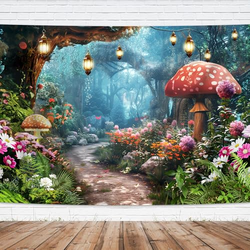 Fairy Tale Woodland Backdrop 7Wx5H Feet Enchanted Green Spring Garden Floral Wildflower Mushroom Fantasy Fabric Birthday Baby Shower Photography Backgrounds Photo Shoot Decor Props Decoration - color: C-Mushroom01, size: 7Wx5H