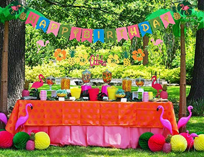 Hawaiian Birthday Party Decoration for Luau Summer Pool Glitter Gold Birthday Banner for Aloha Party Coconut Palm and Beach Happy Birthday Banner Photography Props