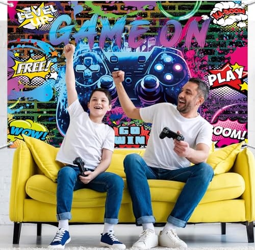 Game On Party Backdrop - 7x5ft Video Game Birthday Background Banner for Boys Kids Teens, Neon Gamer Controller Theme Party Supplies, Level Up Gaming Decorations Wall Photo Booth Prop - size: 7x5ft