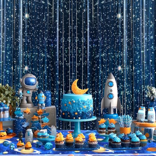 OQOQ Galaxy Foil Curtain Backdrop(4 Packs),3.3x6.6Ft Starry Night Backdrops Space Themed Party Decorations Tinsel Foil Fringe Curtains Photo Booth Props Twinkle Star Birthday Party Decoration