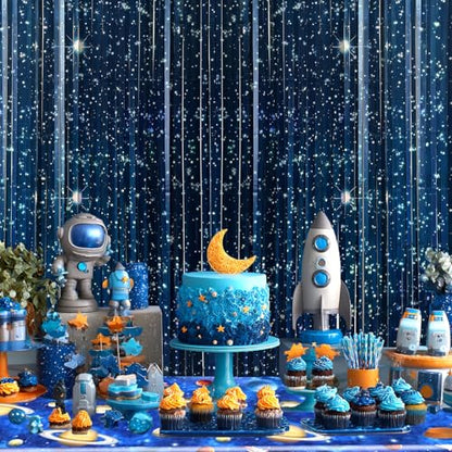 OQOQ Galaxy Foil Curtain Backdrop(4 Packs),3.3x6.6Ft Starry Night Backdrops Space Themed Party Decorations Tinsel Foil Fringe Curtains Photo Booth Props Twinkle Star Birthday Party Decoration