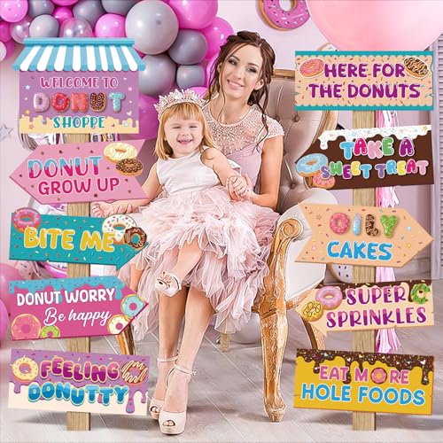 Hooqict 20 Pieces Doughnut Party Sign Welcome to Donut Party Directional Signs for Kids Girls Sweet Donut Themed Birthday Decorations Supplies - style: Doughnut