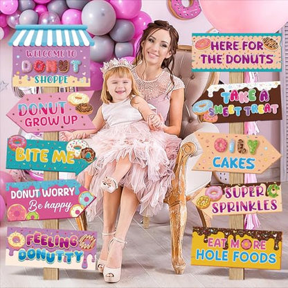 Hooqict 20 Pieces Doughnut Party Sign Welcome to Donut Party Directional Signs for Kids Girls Sweet Donut Themed Birthday Decorations Supplies - style: Doughnut