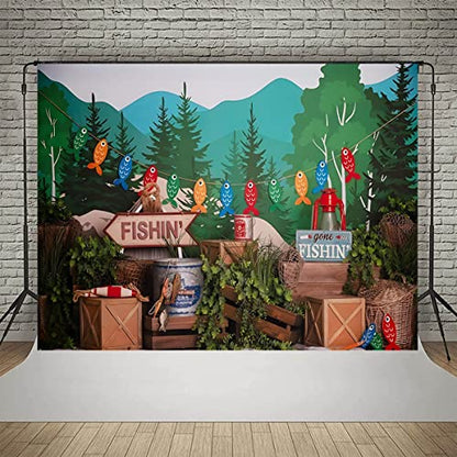 Gone Fishing Photography Background Forest Green Plants Boy Child Birthday Party Cake Smash Portrait Backdrop Baby Shower Party Photo Booth Props,7x5ft - size: 7X5FT