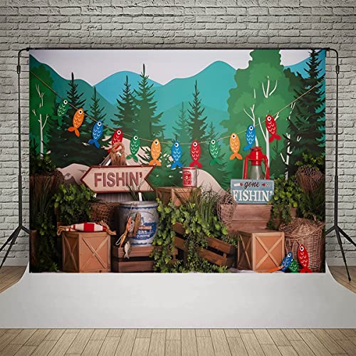 Gone Fishing Photography Background Forest Green Plants Boy Child Birthday Party Cake Smash Portrait Backdrop Baby Shower Party Photo Booth Props,8x6ft - size: 8X6FT