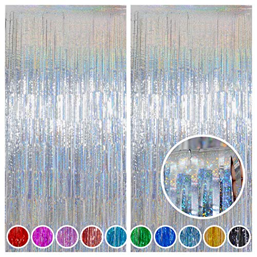 Melsan Silver Tinsel Backdrop Curtain, 3.2 ft x 8 ft Silver Foil Fringe Curtains, Sparkle Metallic Streamers for Disco Bachelorette Birthday Party Decorations, 2 Pack - color: Silver