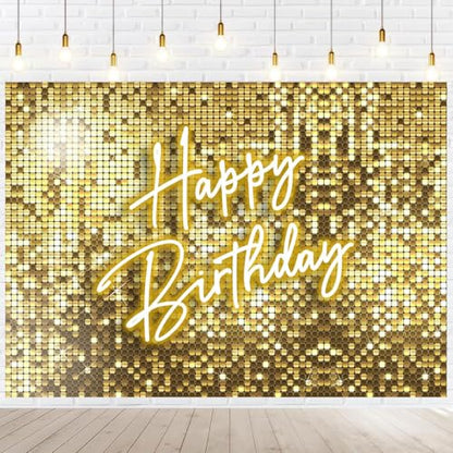 Withu Golden Flash Square Happy Birthday Backdrop for Photography Neon Glitter Gold Sequins Stars Shimmer Wall Cake Table Decorations Background Theme Bday Party Decor Banner 8x6ft - size: 8x6ft