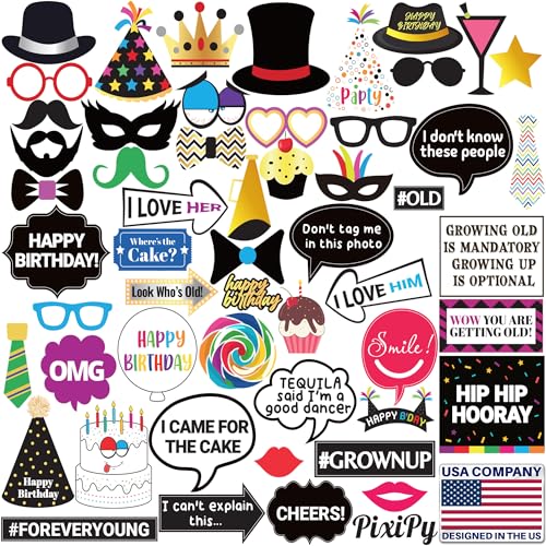 Premium Birthday Photo Booth Props Kit - 54 pc, Multicolored - Happy Birthday Party Fun Photobooth Selfie Accessories - for Adults & Kids - Funny Photoshoot w/Friends - by PixiPy - color: Multicolored, size: Pack of 54