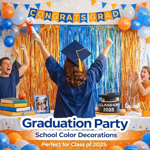 Melsan Heavy Duty Tinsel Fringe Curtain, 3 Pack 3.2 x 8.2 ft Extra Long Thicker Blue & Orange Streamers, Includes Adhesive + 3 Extra 3.1 Ft Tapes, Blue Dog Themed Birthday Backdrop & Photo Booth Prop - color: Blue and Orange