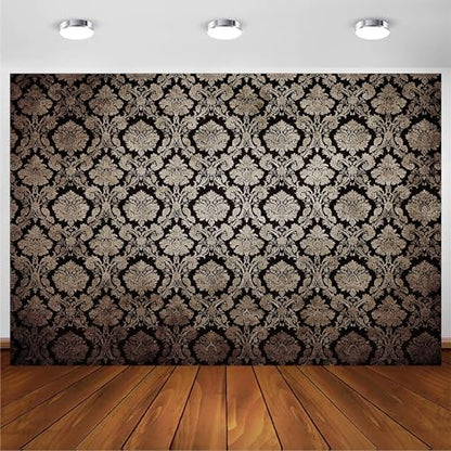 10x8ft European Classic Textured Backdrop Black and Gold Victorian Damask Photography Background Birthday Party Baby Shower Bedroom Decorations Banner Kids Adults Portrait Supplies - size: 10x8ft