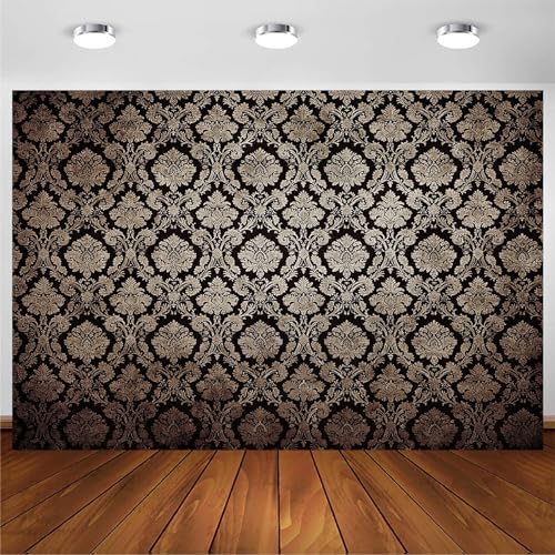 5x3ft European Classic Textured Backdrop Black and Gold Victorian Damask Photography Background Birthday Party Baby Shower Bedroom Decorations Banner Kids Adults Portrait Supplies - size: 5x3ft