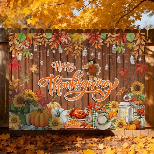 Mocsicka 7x5ft Happy Thanksgiving Banner Backdrop Fall Rustic Wood Wall Thanksgiving Photo Backdrop Pumpkin Harvest Turkey Friendsgiving Party Decorations Photo Booth Props - size: 7x5ft (82x60 inch)