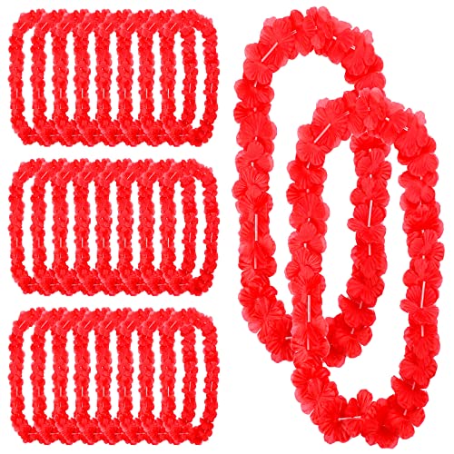 Hoteam 24 Counts Red Hawaiian Leis Necklace Tropical Flower Lei Floral Luau Party Decorations Hawaiian Flower Luau Necklaces Hula Dance Garland Headbands for Beach Birthday Wedding Party Favors - color: Red