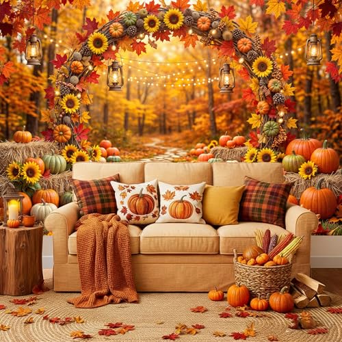 7 x 5 ft Fall Backdrop Autumn Scenery Sunflower Arch Maple Leaves Forest Leaves Pumpkins Background Fall Farm Rustic Trail Thanksgiving Harvest Party Supplies Banner Picture Photo Booth - color: Multi9, size: 7x5ft