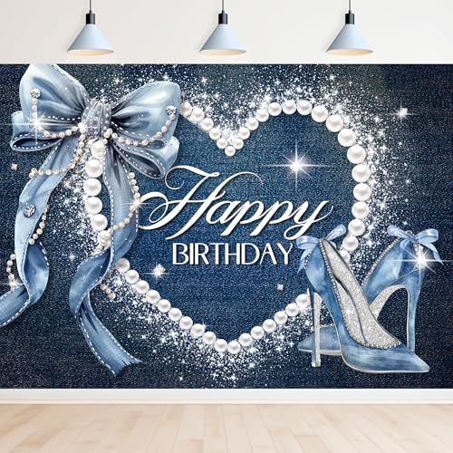 Newsely Denim and Diamonds Bow Backdrop 7Wx5H Photography Blue Coquette Happy Birthday for Women Girls Birthday Banner Background Silver High Heels Party Decorations Banner Photo Booth Props Supplies - color: C-blue bow, size: 7Wx5H