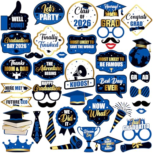 KatchOn, Graduation Photo Props 2026 - Pack of 40 | Blue and Black Grad Party Decorations | Grad Photo Props 2026 | 2026 Graduation Decorations