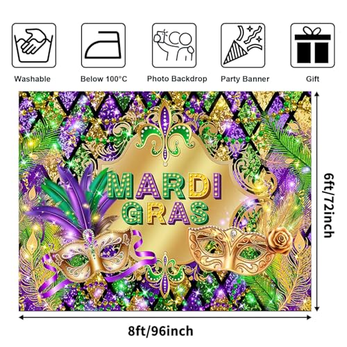 Avezano Mardi Gras Party Backdrop for Festival Carnival Masquerade Photoshoot Photography Background Retro Glitter Gold Green Purple New Orleans Mask Mardi Gras Party Decorations (8x6ft) - size: 8x6ft
