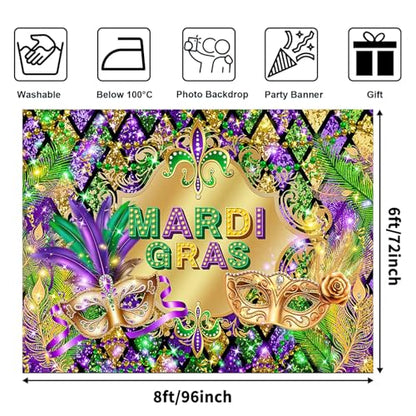 Avezano Mardi Gras Party Backdrop for Festival Carnival Masquerade Photoshoot Photography Background Retro Glitter Gold Green Purple New Orleans Mask Mardi Gras Party Decorations (8x6ft) - size: 8x6ft