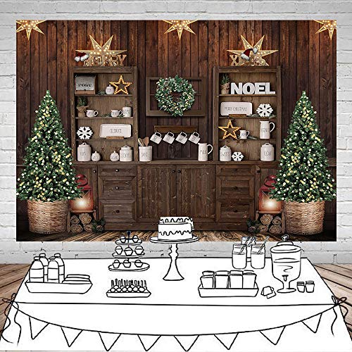 Mocsicka Christmas Kitchen Photography Backdrop Retro Wood Wall Cooking House Family Party Background Pine Tree Decoration Xmas Baby Kids Portrait Photo Studio Photobooth Props (7x5ft)