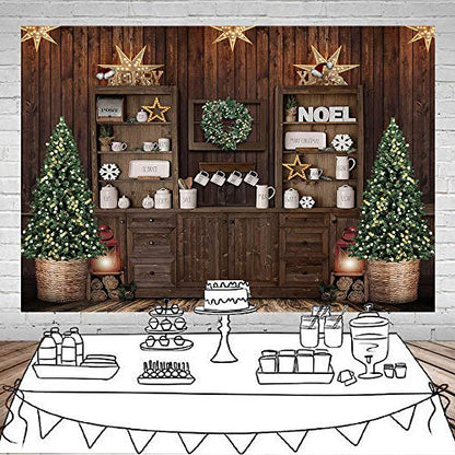 Mocsicka Christmas Kitchen Photography Backdrop Retro Wood Wall Cooking House Family Party Background Pine Tree Decoration Xmas Baby Kids Portrait Photo Studio Photobooth Props (7x5ft)