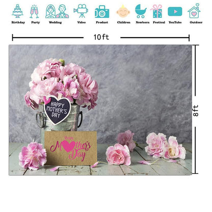 CYLYH10x8ft Happy Mother's Day Backdrops Pink Carnation Background Wood Floor Backgrounds Gray Abstract Background Mother's Party Bridal Shower Party Decor D524 - size: 10x8ft