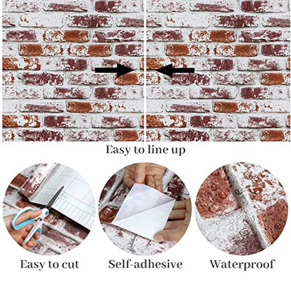 VaryPaper Rustic Painted Red Brick Peel and Stick Wallpaper Brick Contact Paper 17.7''x78.7'' 3D Faux Brick Wallpaper Self Adhesive Removable Wallpaper for Kitchen Backsplash Bedroom Walls Fireplace - color: Red, size: 17.7" x 78.7"