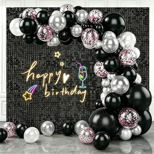Black Shimmer Wall Backdrop,Shiny Sequins,48Pcs Sequins Backdrop Panels,Glitter Bling Photo Background for Birthday Party Wedding Engagement Anniversary Graduation (Each 1FT², Total 48FT²) - color: Black, size: 6 FT x 8 FT