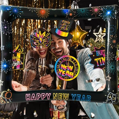 2026 New Year Photo Booth Inflatable Frame Kit, 30Pcs Colorful Neon New Years Photo Booth Props with Inflatable Picture Frame for New Year Eve Party Selfie Props Supplies - color: Colorful