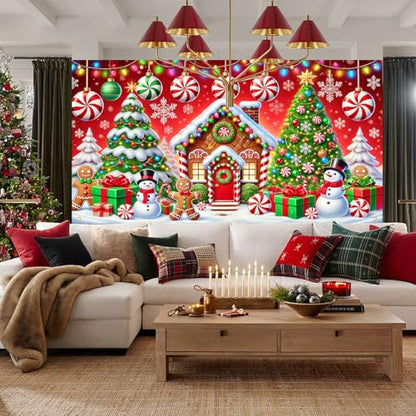 HOMETITUTE Christmas Garage Door Banner Gingerbread House 13x6ft Festive Backdrop Candy Canes Snowmen Photo Prop Background for Sweet Holiday Outdoor Display Festive Party Supplies