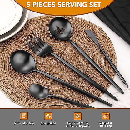 Matte Black Serving Set，Oliviola 5-Piece Stainless Steel Large Hostess Set with Round Edge, Satin Finished, Dishwasher Safe -Large Spoon, Large Fork,Butter Knife，Sugar Spoon & Slotted Spoon - color: Black, size: 5-piece