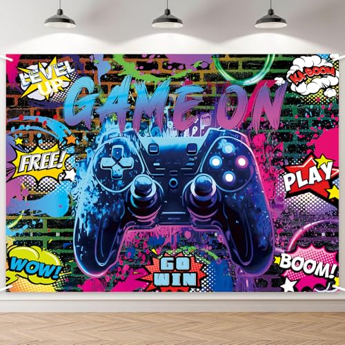 Game On Party Backdrop - 5x3ft Video Game Birthday Background Banner for Boys Kids Teens, Neon Gamer Controller Theme Party Supplies, Level Up Gaming Decorations Wall Photo Booth Prop - size: 5x3ft