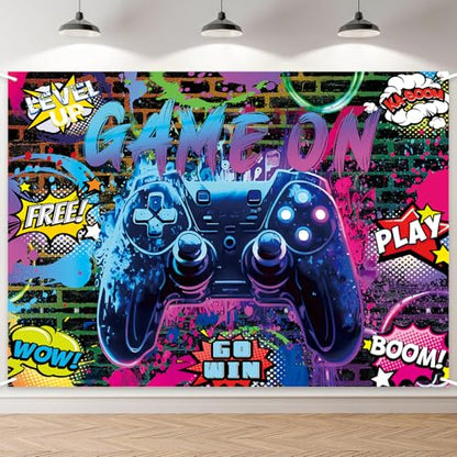 Game On Party Backdrop - 10x8ft Video Game Birthday Background Banner for Boys Kids Teens, Neon Gamer Controller Theme Party Supplies, Level Up Gaming Decorations Wall Photo Booth Prop - size: 10x8ft