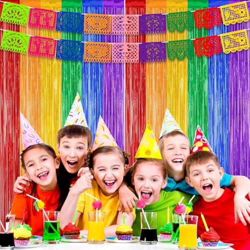 Cinco de Mayo Decorations Fiesta Party Decorations Foil Fringe Curtains Backdrop Fiesta Banner for Mexican Decor Wedding Engagement Rainbow Party Supplies