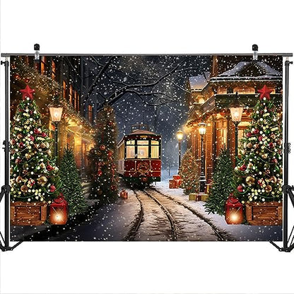 Mocsicka 10x8ft Christmas Train Backdrop for Photography Christmas Town Winter Train Xmas Snow Railway Christmas Tree Party Background Wonderland Snowflake Portrait Photo Studio Props - size: 10x8ft
