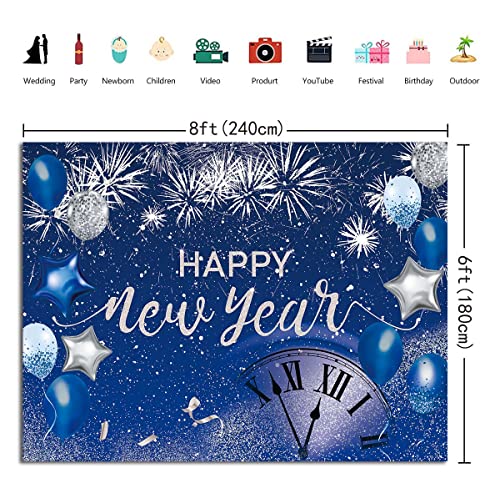 Blue Happy New Year Backdrop 2026 New Year Eve Party Photography Background Fireworks Navy Blue Silver Glitter Sequin New Years Party Decor Supplies Banner Gift Ideas Favor 8X6FT - size: 8X6FT(96x72 inch)