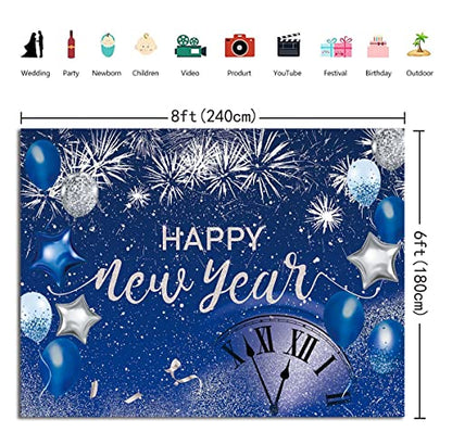 Blue Happy New Year Backdrop 2026 New Year Eve Party Photography Background Fireworks Navy Blue Silver Glitter Sequin New Years Party Decor Supplies Banner Gift Ideas Favor 8X6FT - size: 8X6FT(96x72 inch)